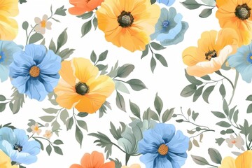 watercolor design with seamless pattern of orange and yellow flowers on light background