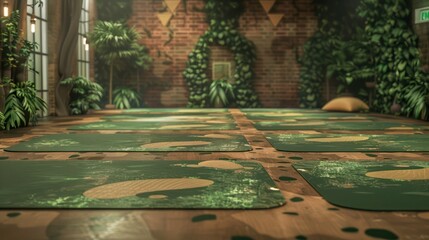 Forest floor-inspired rubber mats in a basement yoga studio, blending green and brown tones for a natural vibe