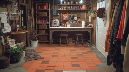Obraz premium Warm terra cotta rubber tiles in a basement, evoking a rustic and cozy atmosphere for a craft room