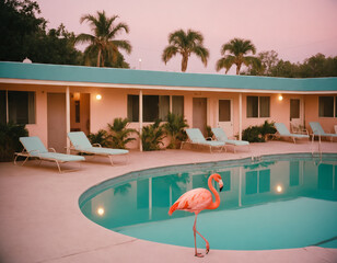 Flamingo by the Poolside at a Retro Motel with Palm Trees