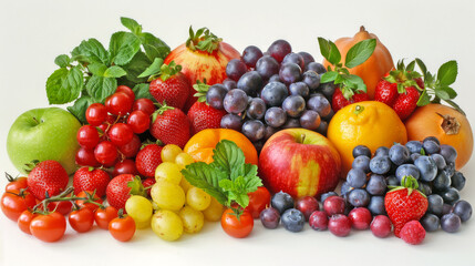 Variety of colorful fruits and berries are arranged on a white background, showcasing their freshness and vibrancy