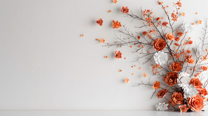 Coral and White Roses with Branches on White Background