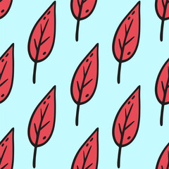 Willow leaves seamless pattern. Vector Scandinavian texture in doodle style. Fall pattern with Autumn leaves. Hand drawn autumn Leaf of willow. Vector illustration in Doodle style.