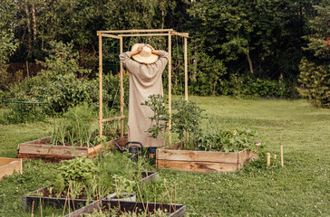Problems and mistakes in gardening. Young modern gardener woman standing between vegetable garden...