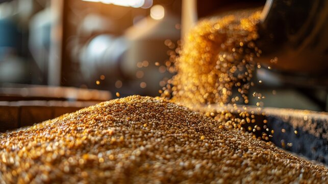 Alternative animal feed: distillers grains, clover, oats, and single-cell protein being mixed, hyper realistic, sustainable farming