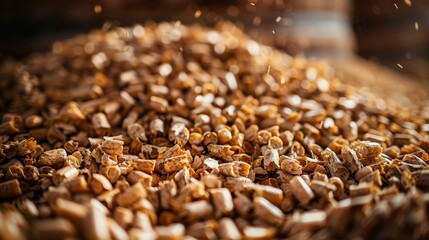 Obraz premium Close-up of distillers grains, clover, oats, and food waste-based protein feed, hyper realistic, sustainable livestock nutrition