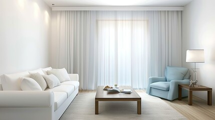 Fototapeta premium A teal armchair with a blanket draped over it sits next to a small wooden table in a room with white walls and light hardwood floors