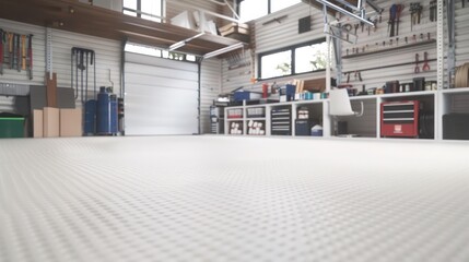 Obraz premium Seamless white rubber flooring in a modern garage, creating a clean and bright environment for creative projects