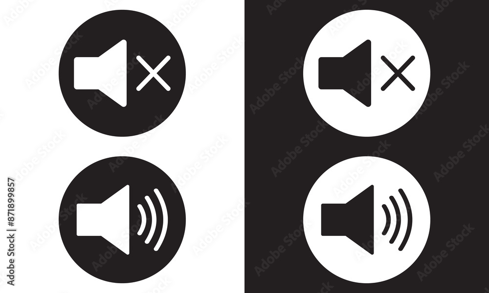 Poster speaker audio icon set. volume voice control on off mute symbol. flat application interface sound si
