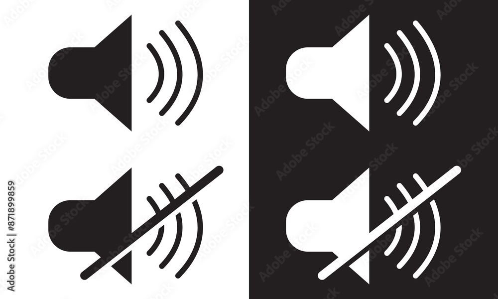 Poster speaker audio icon set. volume voice control on off mute symbol. flat application interface sound si