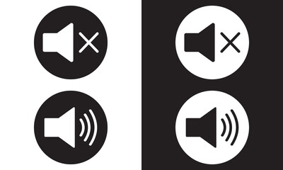 Speaker audio icon set. Volume voice control on off mute symbol. Flat application interface sound sign button. Vector illustration image. Isolated on white and black background. EPS 10