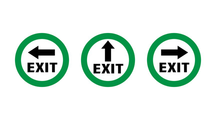 Set of exit round signs with green borders, arrows and text. Each sign indicating adifferent direction.