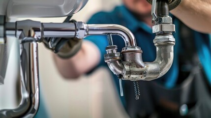 A plumber is working on a clogged drain. Home insurance to repair water leaks and other emergencies. Plumbing concepts and troubleshooting