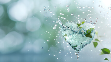 Heart-shaped water splash with green leaves