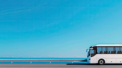 Fototapeta premium A white passenger bus drives down a highway under a bright blue sky with fluffy clouds