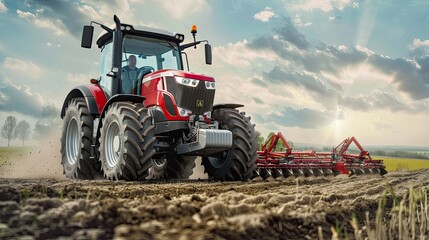 Fototapeta premium A red tractor with a large implement attached is driving across a field.