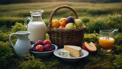 Milk and fruit on the field. on the table. Still life with a carafe of milk and cheeses. Milk products