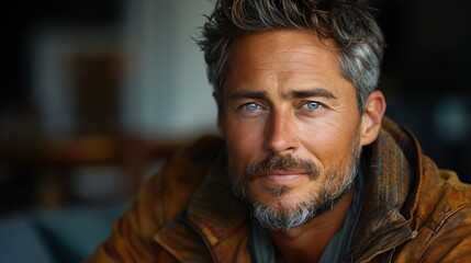 Fototapeta premium Close Up Portrait of a Middle-Aged Man With Blue Eyes and Grey Hair