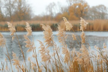 Fototapeta premium Golden reeds on lake with abstract natural background Elegant minimalist trend
