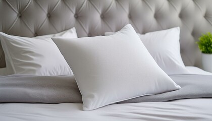 Un oreiller blanc moelleux reposant sur un lit soigneusement fait avec des draps doux et gris clair et une couette matelassée