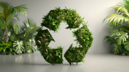 Green recycling symbol made of plants in tropical setting
