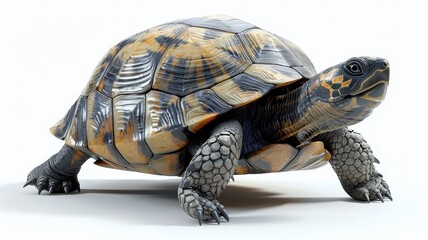 Obraz premium Close-up of a solitary tortoise with a detailed shell pattern, isolated on white background. Perfect for nature and wildlife projects.