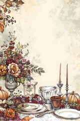 Elegant Thanksgiving Dining Scene with Decorative Floral Centerpiece Candles and Tableware on Textured Background