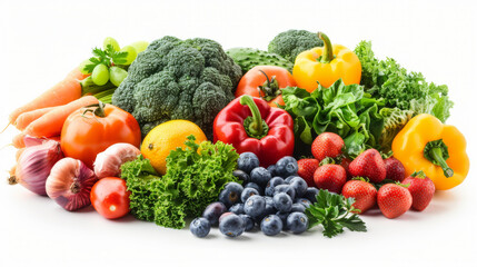 Variety of fresh, colorful fruits and vegetables are piled together, creating an appealing display for healthy eating