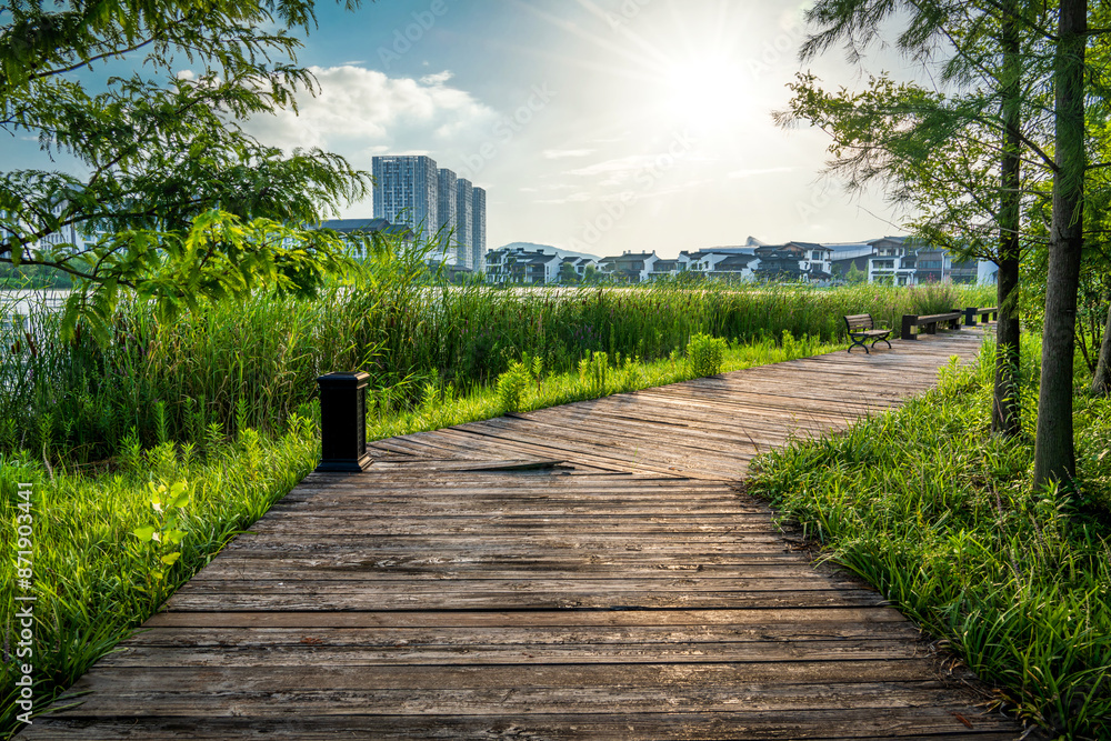 Wall mural Serene Boardwalk at Sunset by the Lake