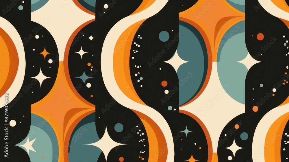 Poster vibrant abstract design featuring a repeating pattern of stylized celestial bodies against a cosmic 
