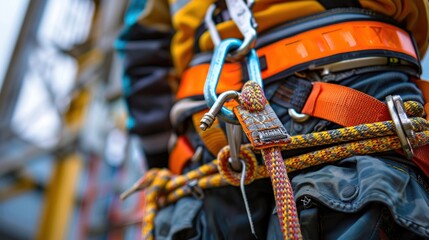 Fototapeta premium Detailed shot of fall arrestor equipment on a worker's safety harness, ensuring safety compliance during work at height. Perfect for stock images emphasizing safety protocols in construction.