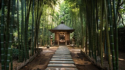 Obraz premium A peaceful shrine surrounded by tall bamboo trees and a stone pathway.