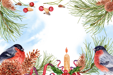 Christmas card with hand drawn pine branches and cones, ribbon decorations and finch birds. Watercolor illustration isolated on transparent background. Copy space winter holidays invitation design