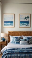 A cozy bedroom featuring a coastal theme, with a woven headboard, blue-patterned bedding, and ocean-themed artwork on the walls.
