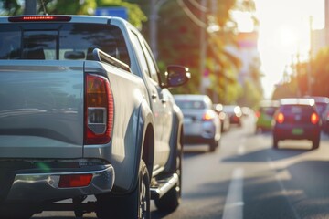 Grey pickup truck on road with traffic and sun cars passing