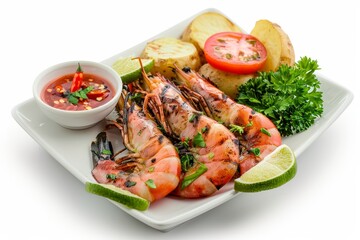 Grilled 5 black tiger shrimps with boiled potatoes and chili seafood sauce on white plate
