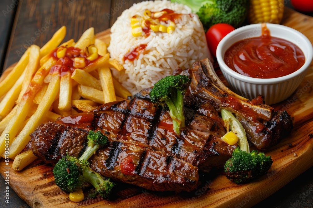 Wall mural Grilled meat fries rice broccoli and corn