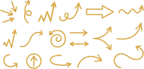 Set of golden glitter arrows on transparent background. Collection of hand-drawn abstract arrows of different forms (curved, straight, round, loop, spiral)