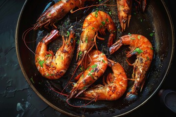 Grilled langoustine shrimp and prawns in a pan top view with black background