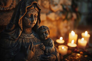Fototapeta premium Statue of the Virgin Mary Holding Baby Jesus with Intricate Details and Soft Candlelight Background