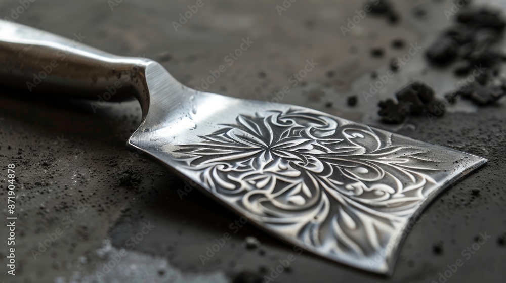 Poster the intricate pattern on the handle of this trowel adds a touch of elegance to its strong and functi