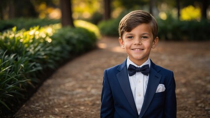 Portrait of a young boy wearing a suit and bow tie, standing outdoors in a park with a bright smile.
