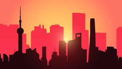 Shanghai city skyline at sunrise. TV tower, Shanghai world financial center and other skyscrapers. Silhouette vector background. Travel illustration