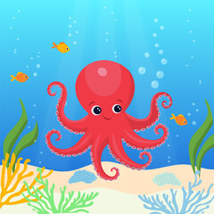 Fototapeta premium Red octopus swimming in the ocean. Colorful sea bottom. Hand drawn illustration.