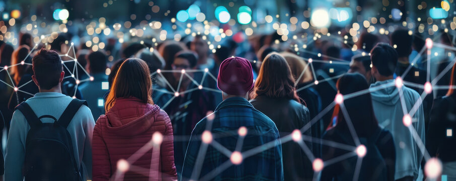 Crowd of college students connected by glowing lines of light, concept of networking and digital connection in educational institutions