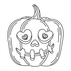 Halloween pumpkin head Coloring page. Cute and scary halloween pumpkin monster. Holidays cartoon character Hand drawn line art style for poster banner greeting card. Jack o lantern Vector illustration