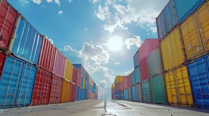 Fototapeta premium Colorful shipping containers are lined up in a warehouse