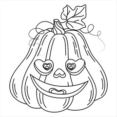 Halloween pumpkin head Coloring page. Cute and scary halloween pumpkin monster. Holidays cartoon character Hand drawn line art style for poster banner greeting card. Jack o lantern Vector illustration