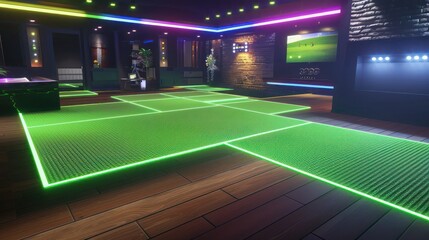 Neon green rubber mats in a vibrant basement entertainment area, accented by dynamic lighting effects