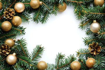 christmas decoration fir branch with balls isolated on white background, festive mock up copy space text